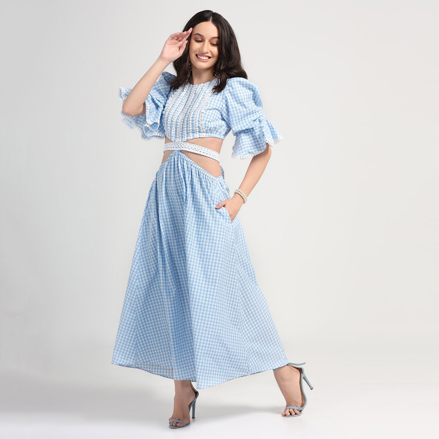 Blue Check Dress With Lace Yoke & Tie Belt, Mesh Dress , Party dress , Holographic print dress , sequins dress 