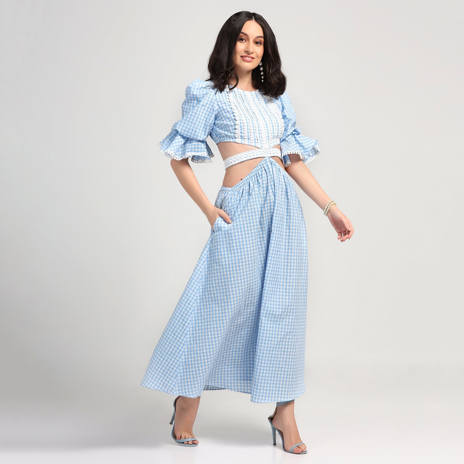 Blue Check Dress With Lace Yoke & Tie Belt, Mesh Dress , Party dress , Holographic print dress , sequins dress 