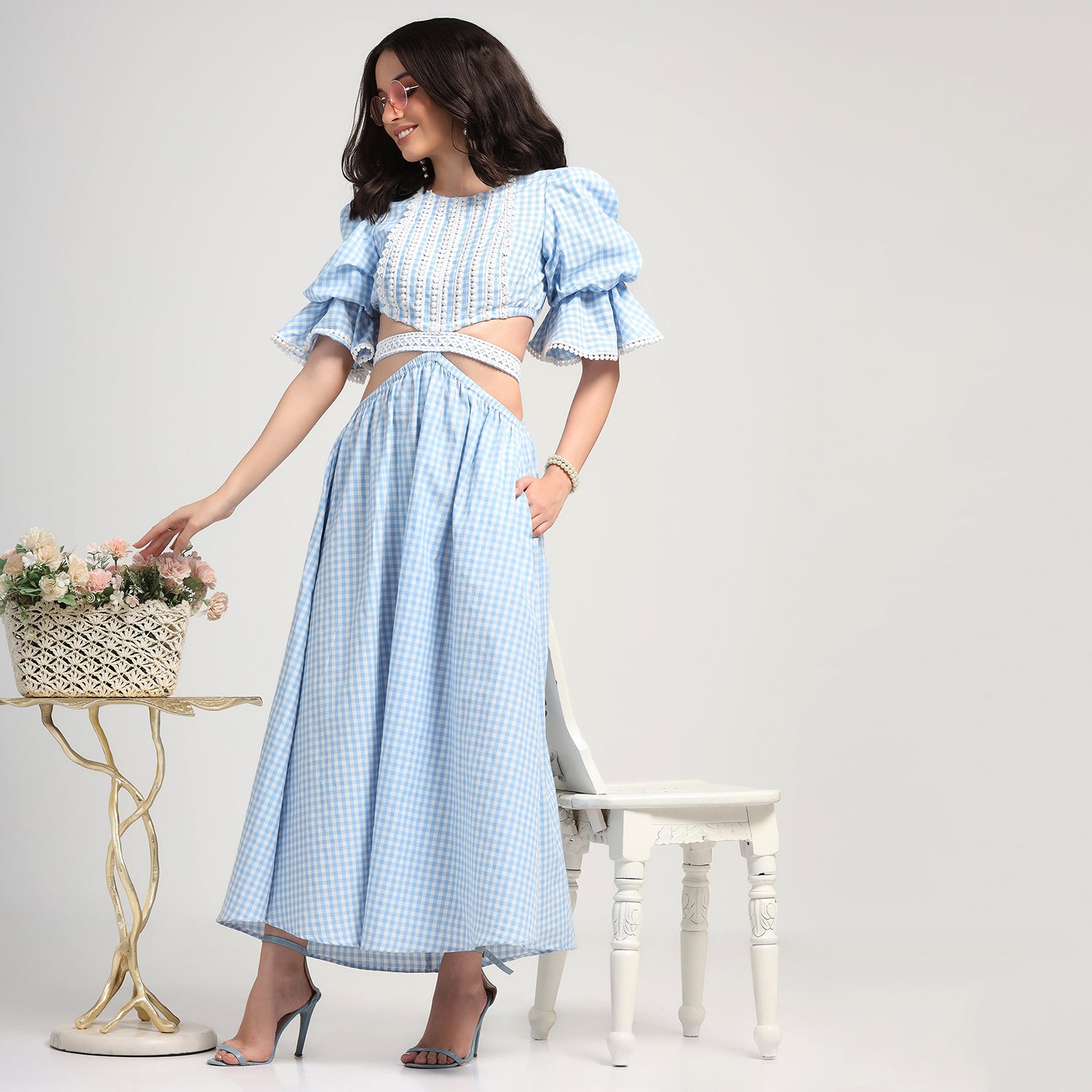 Blue Check Dress With Lace Yoke & Tie Belt, Mesh Dress , Party dress , Holographic print dress , sequins dress 