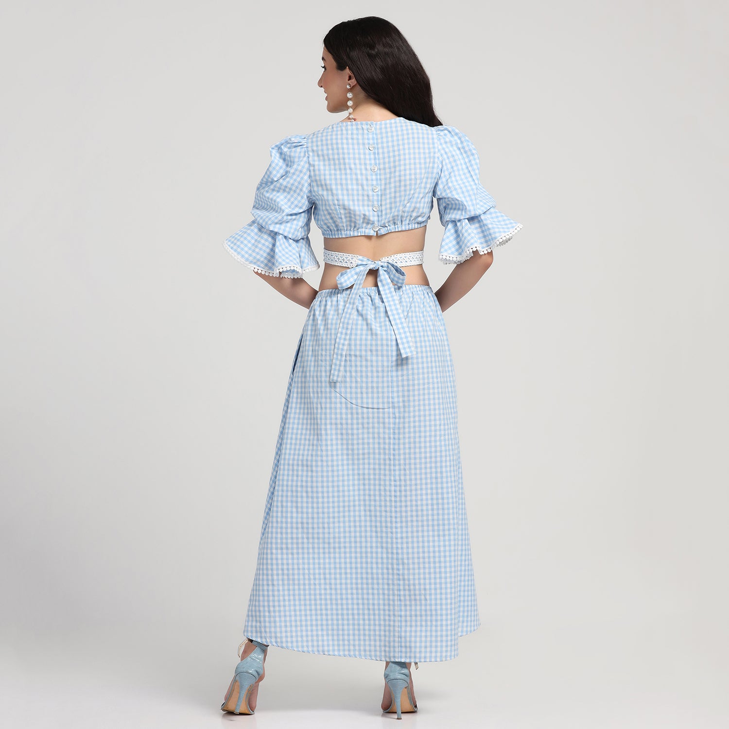Blue Check Dress With Lace Yoke & Tie Belt, Mesh Dress , Party dress , Holographic print dress , sequins dress 