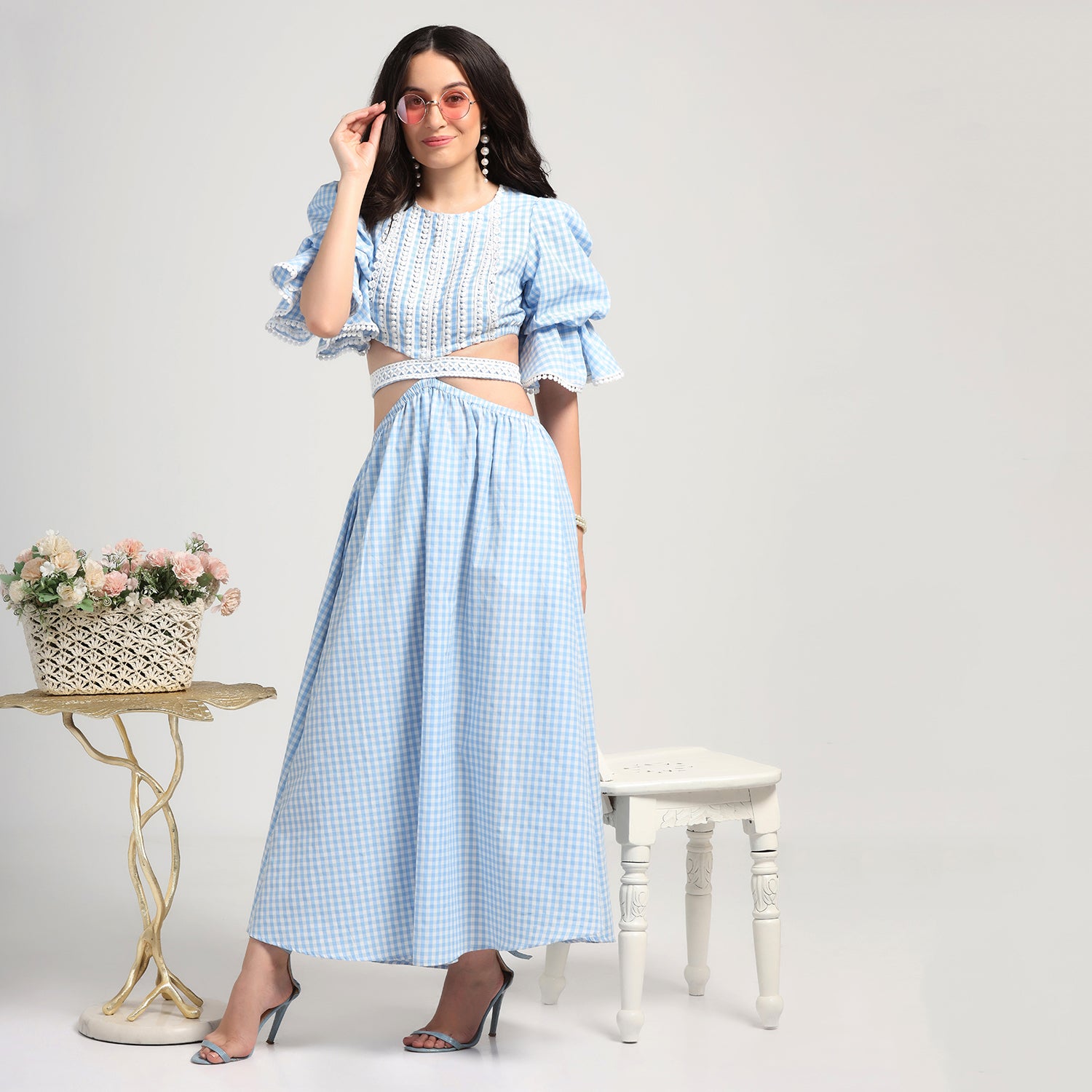Blue Check Dress With Lace Yoke & Tie Belt, Mesh Dress , Party dress , Holographic print dress , sequins dress 
