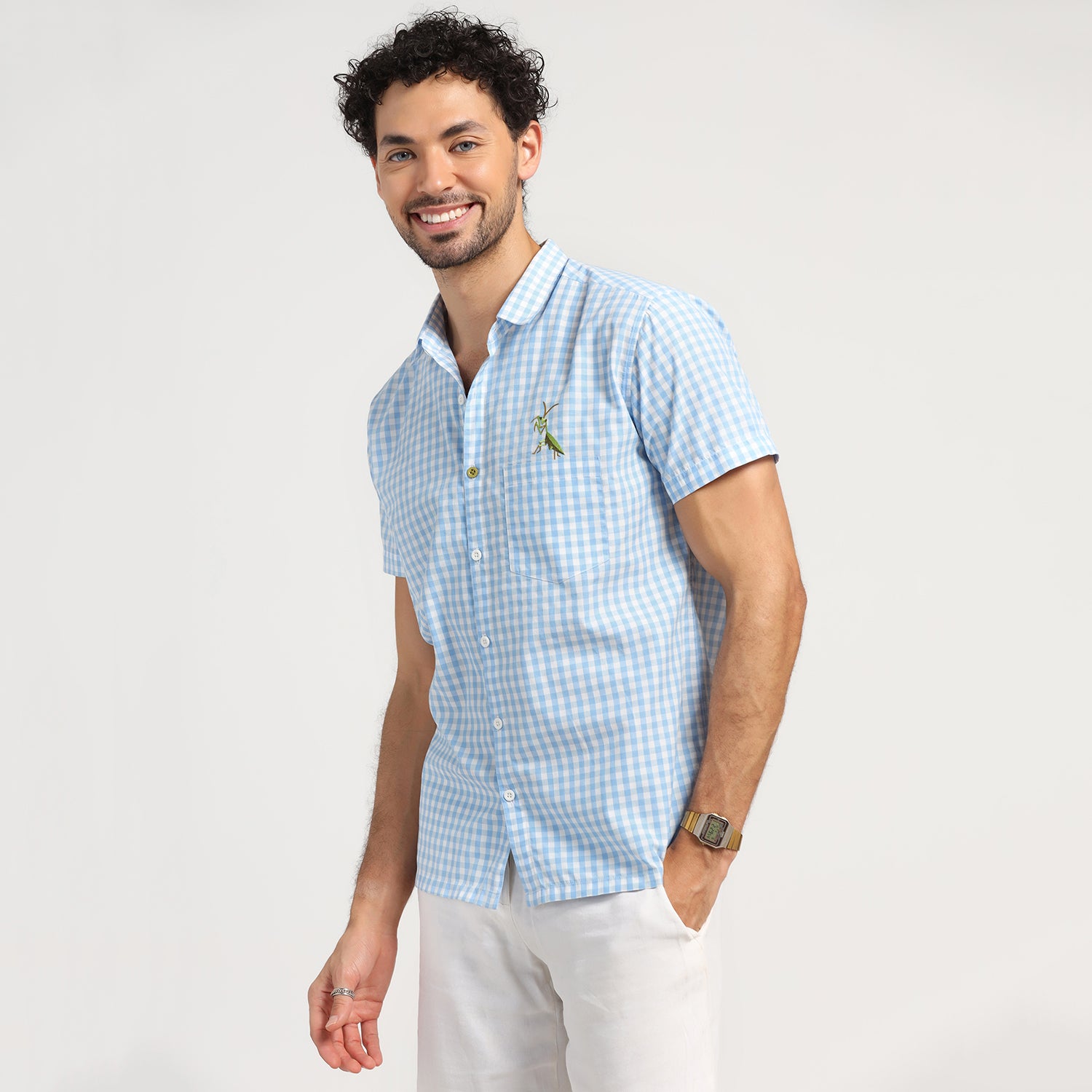 Blue Check Grasshopper embroidery Shirt, shirts for men, men shirts, designer shirts, stylish shirts, shirt design