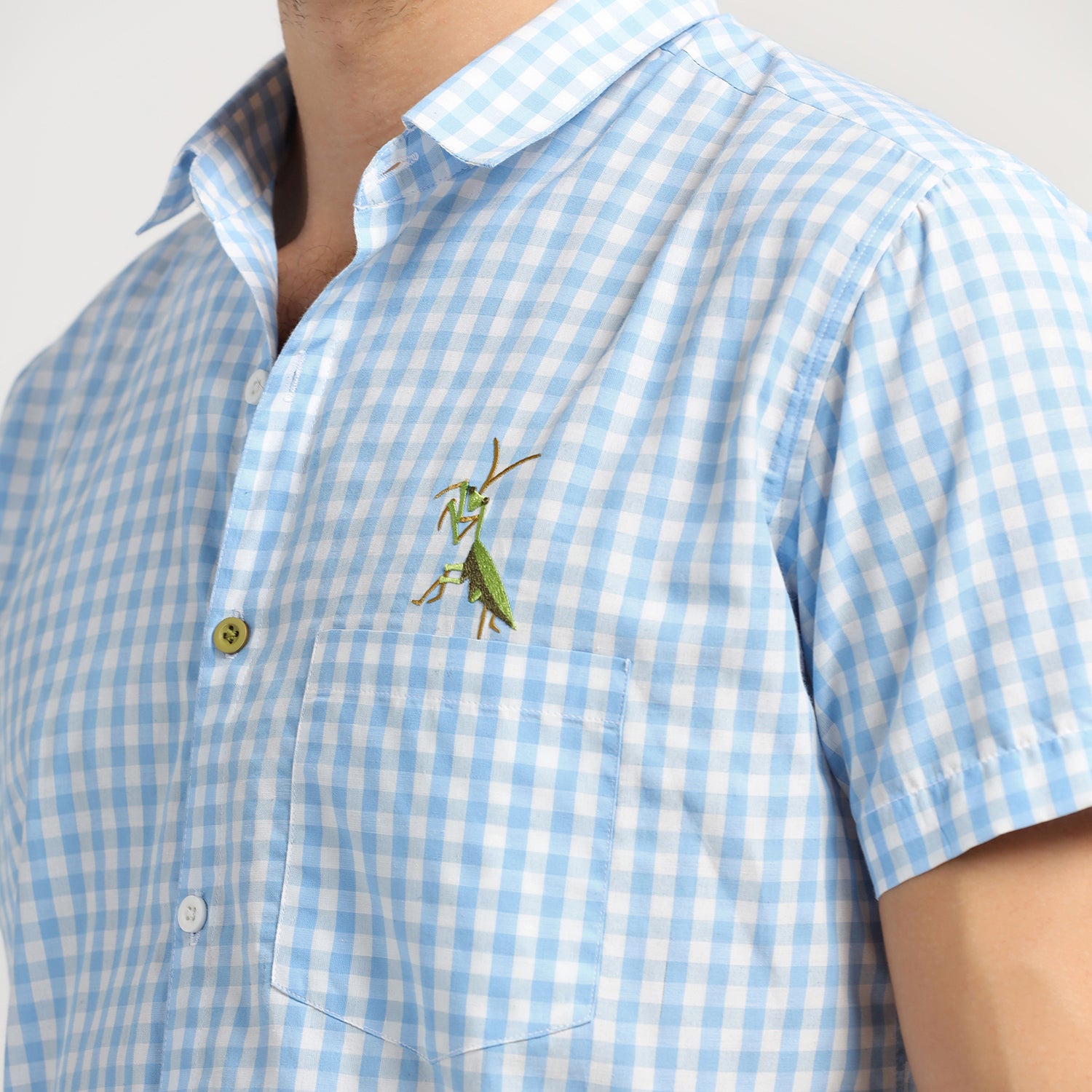 Blue Check Grasshopper embroidery Shirt, shirts for men, men shirts, designer shirts, stylish shirts, shirt design