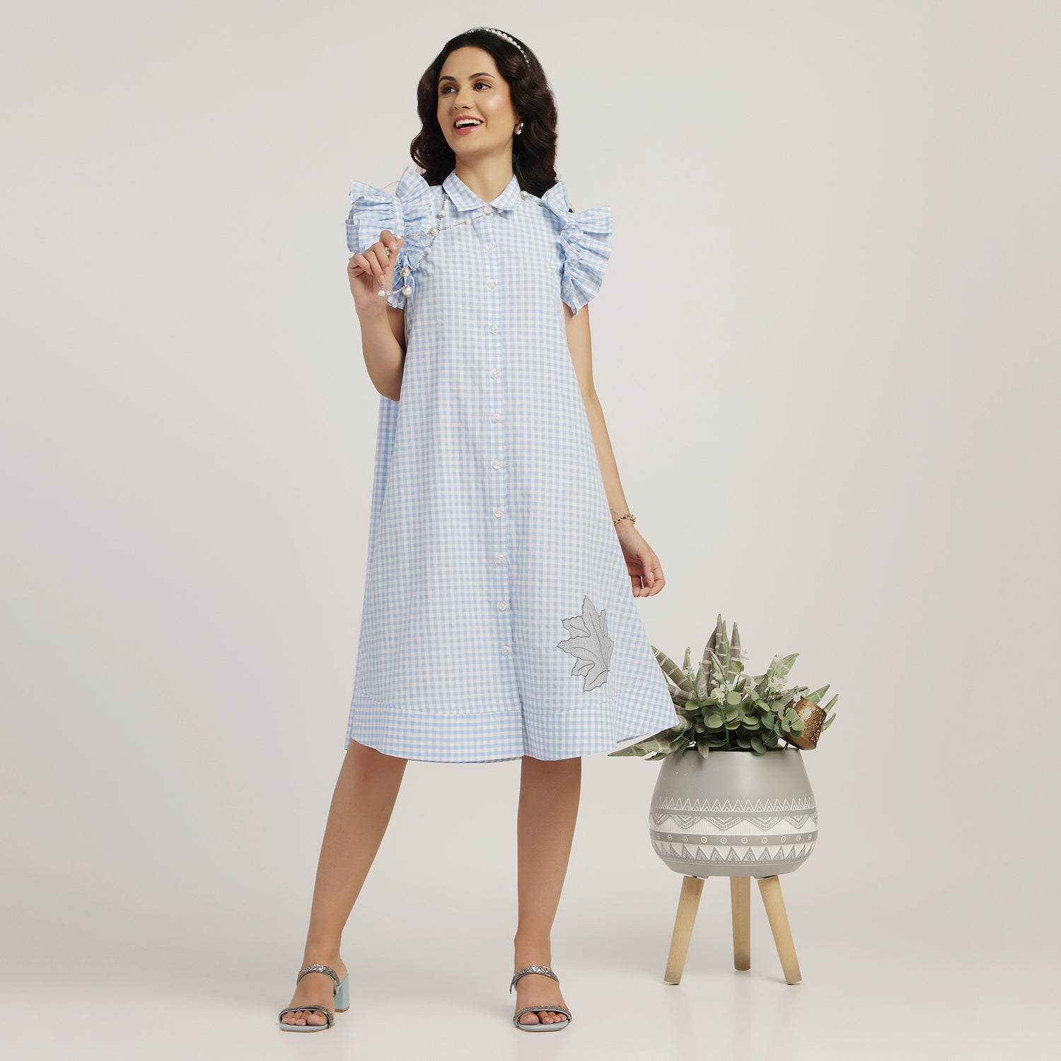 Blue Check Maple Leaf Embroidery Dress