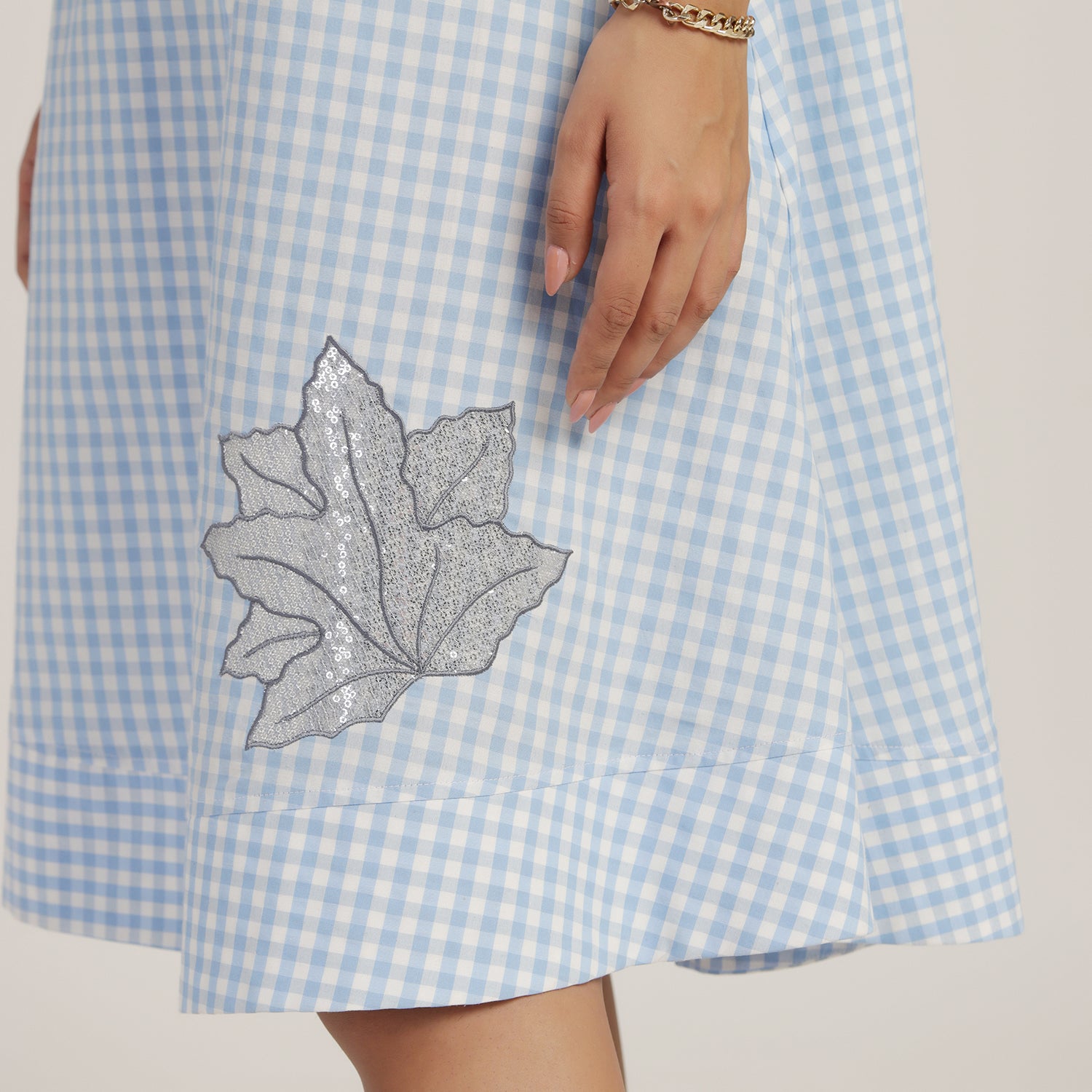 Blue Check Maple Leaf Embroidery Dress, Mesh Dress , Party dress , Holographic print dress , sequins dress, buttons