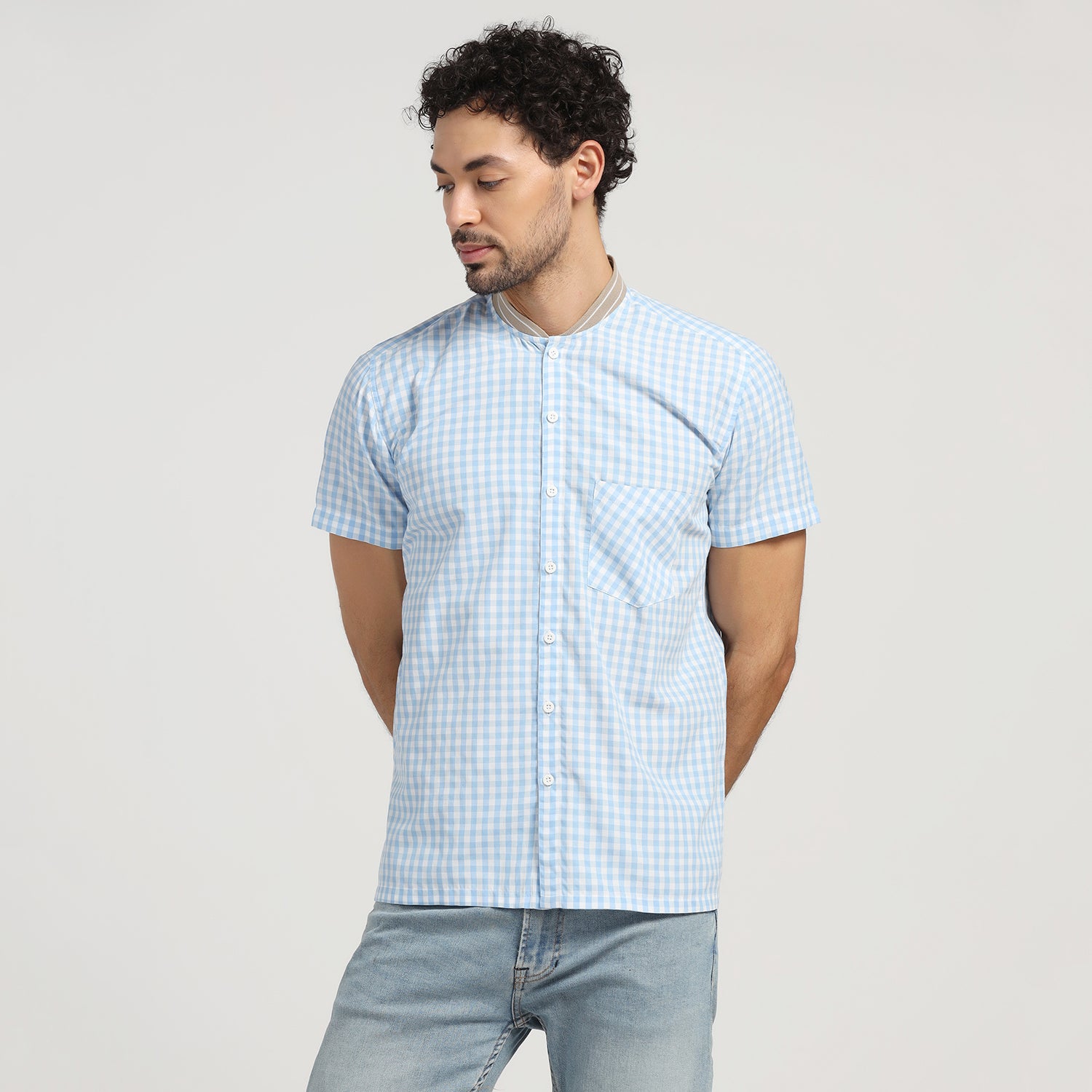 Blue Check Shirt With Rib Collar, shirts for men, men shirts, designer shirts, stylish shirts, shirt design