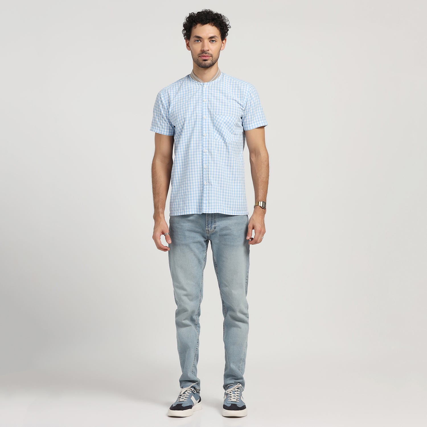 Blue Check Shirt With Rib Collar, shirts for men, men shirts, designer shirts, stylish shirts, shirt design