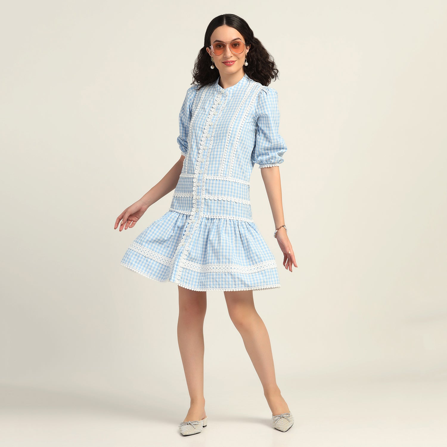 Blue Check Short Dress With Laces, Mesh Dress , Party dress , Holographic print dress , sequins dress