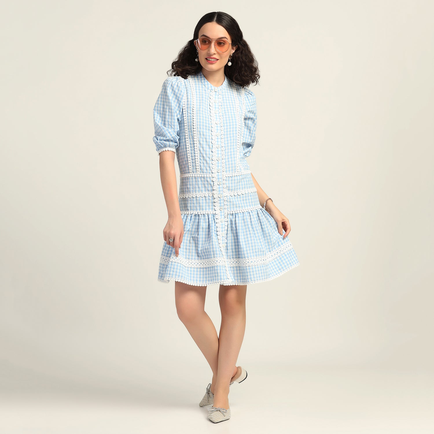 Blue Check Short Dress With Laces
