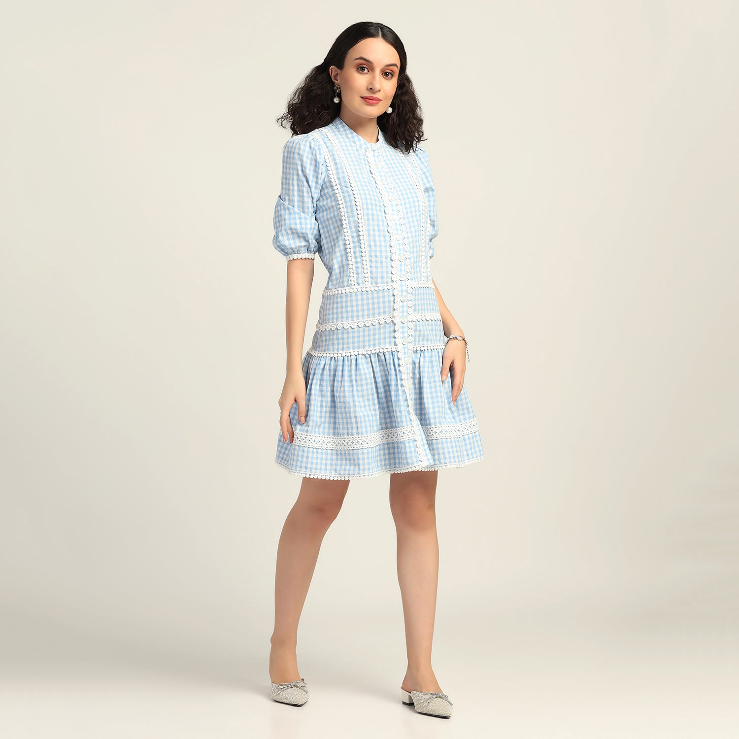 Blue Check Short Dress With Laces, Mesh Dress , Party dress , Holographic print dress , sequins dress