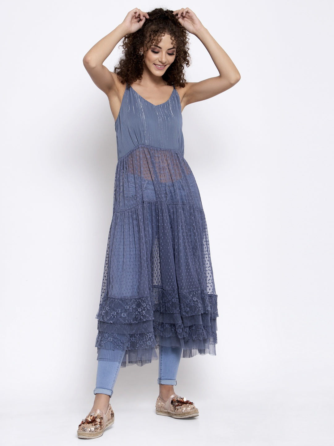 Blue Dotted Net Dress With Frill, Mesh Dress , Party dress , Holographic print dress , sequins dress 