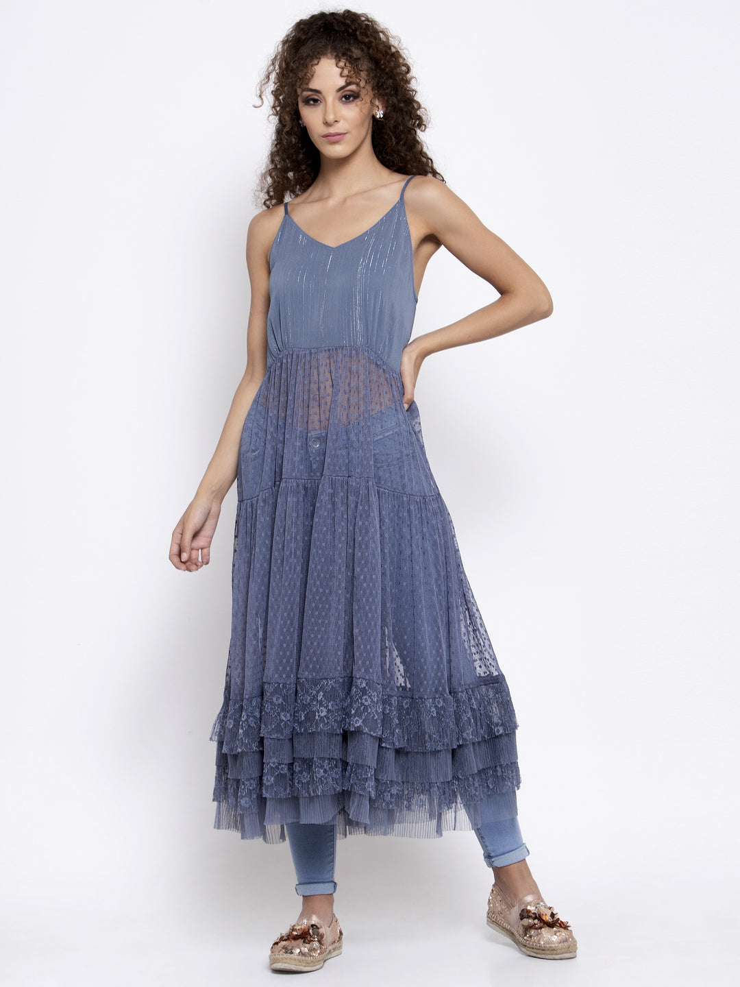 Buy Blue Dotted Net Dresses for Women-5