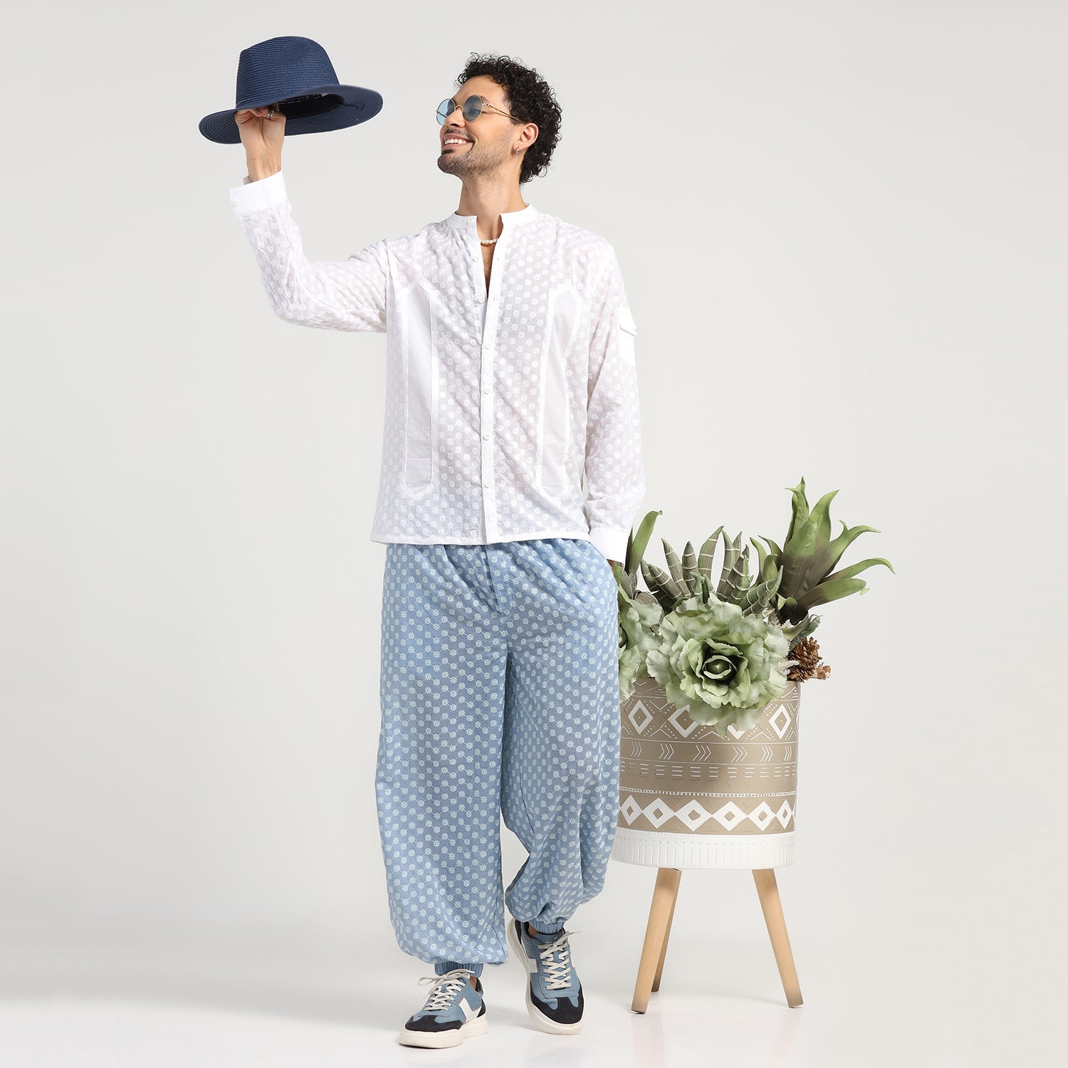 Blue Elastic Schiffle Pant for Men-4