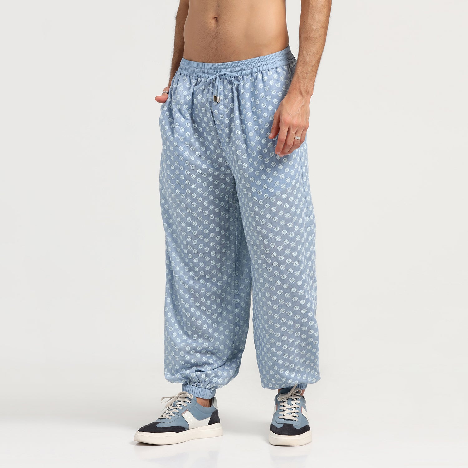 Blue Elastic Schiffle Pant for Men