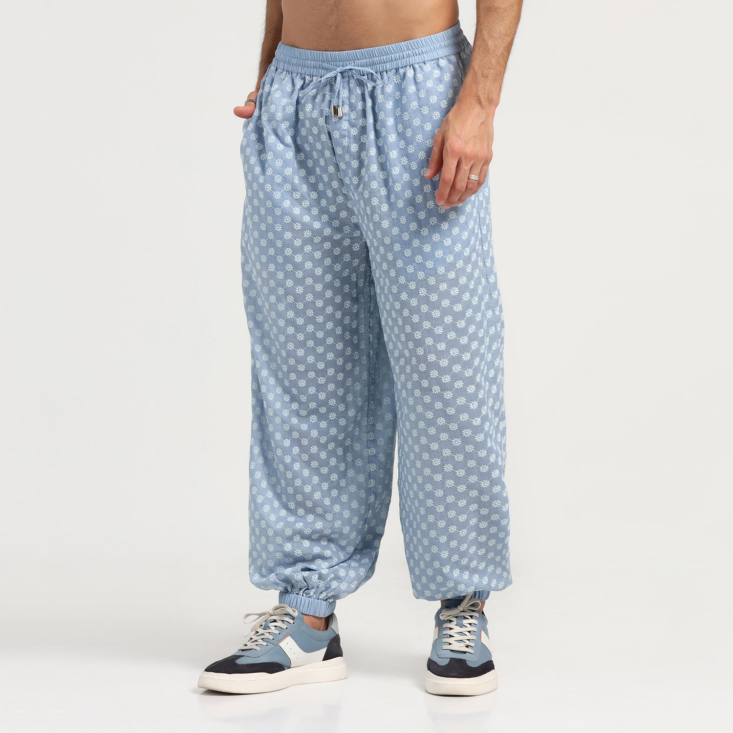 Blue Elastic Schiffle Pant for Men-5