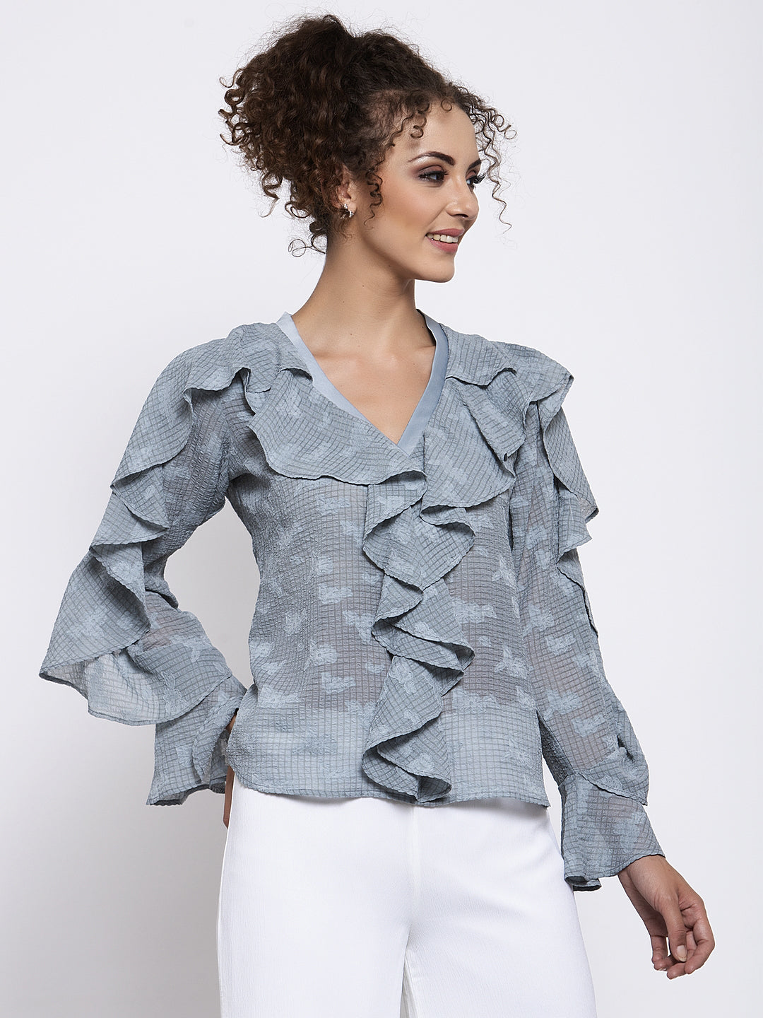 Blue Georgette Top With Frill Drape, tops for women, crop top, crop tops for women, organza tops