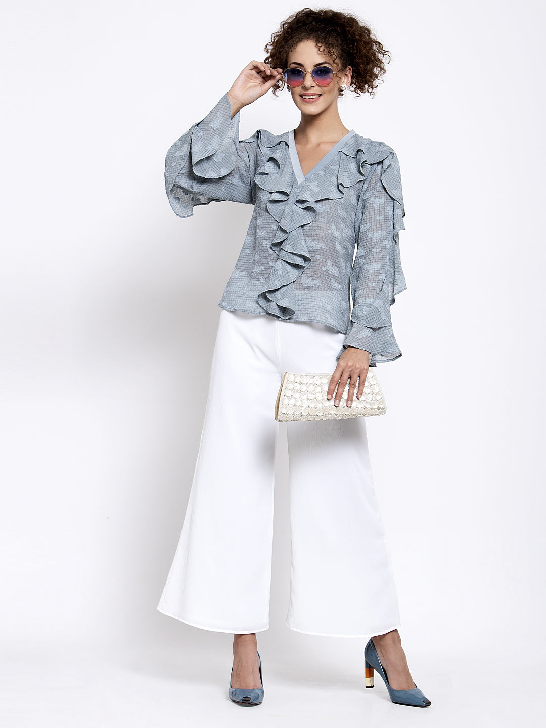 Blue Georgette Top With Frill Drape, tops for women, crop top, crop tops for women, organza tops