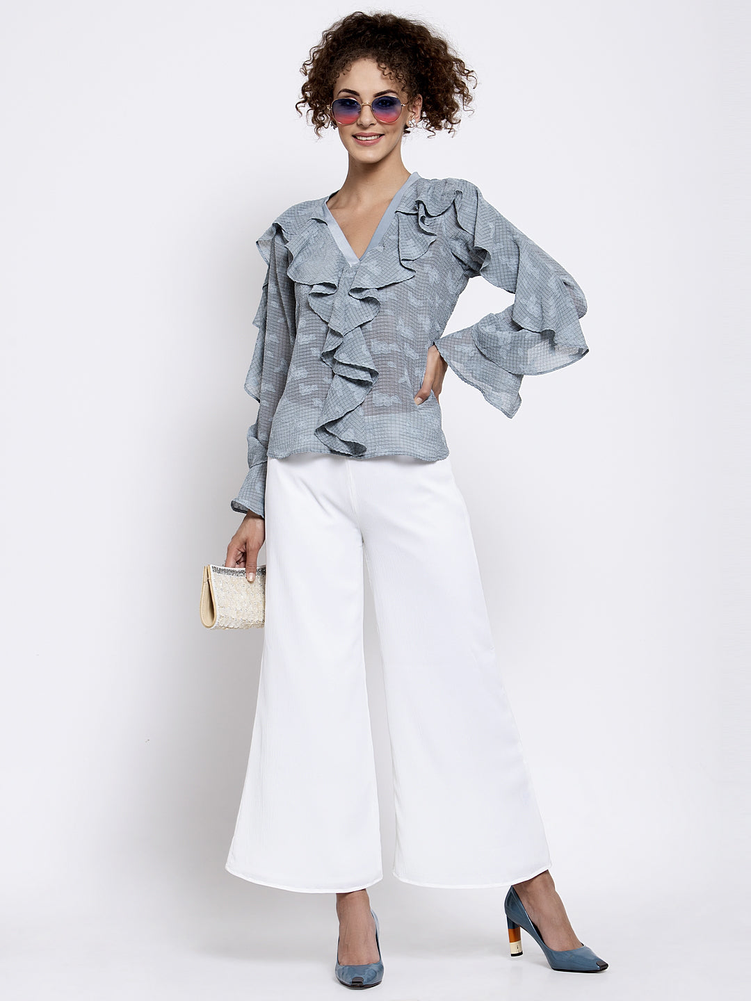 Blue Georgette Top With Frill Drape, tops for women, crop top, crop tops for women, organza tops
