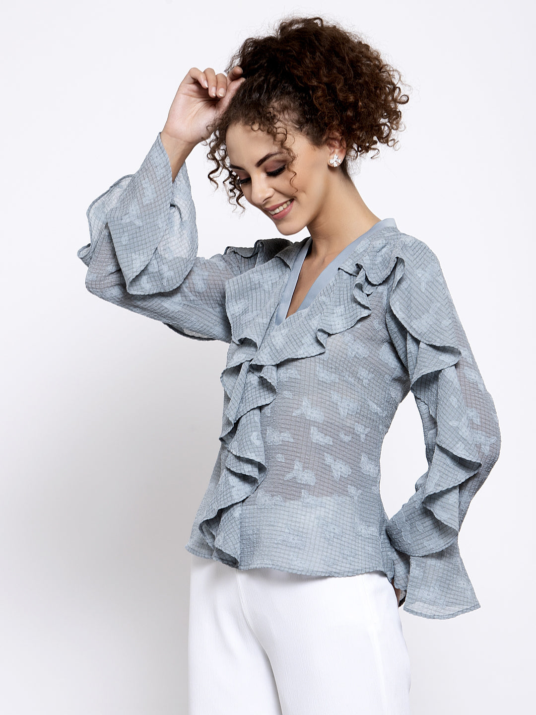 Blue Georgette Top With Frill Drape, tops for women, crop top, crop tops for women, organza tops