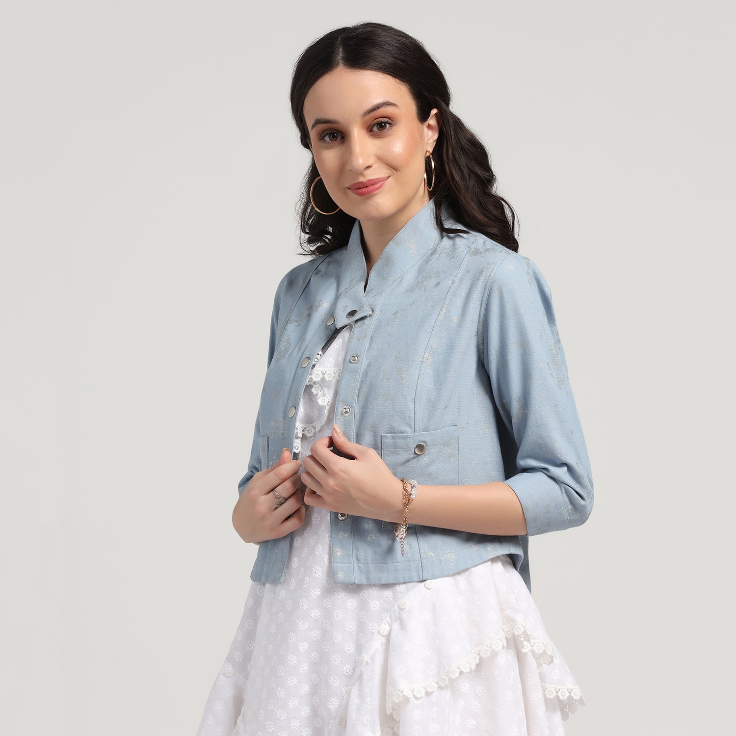 Blue Jacket With Overlap Collar, Organza jackets, Stylish Jackets, Summer Women’s Jackets, Long Women Jackets , Short jackets for women