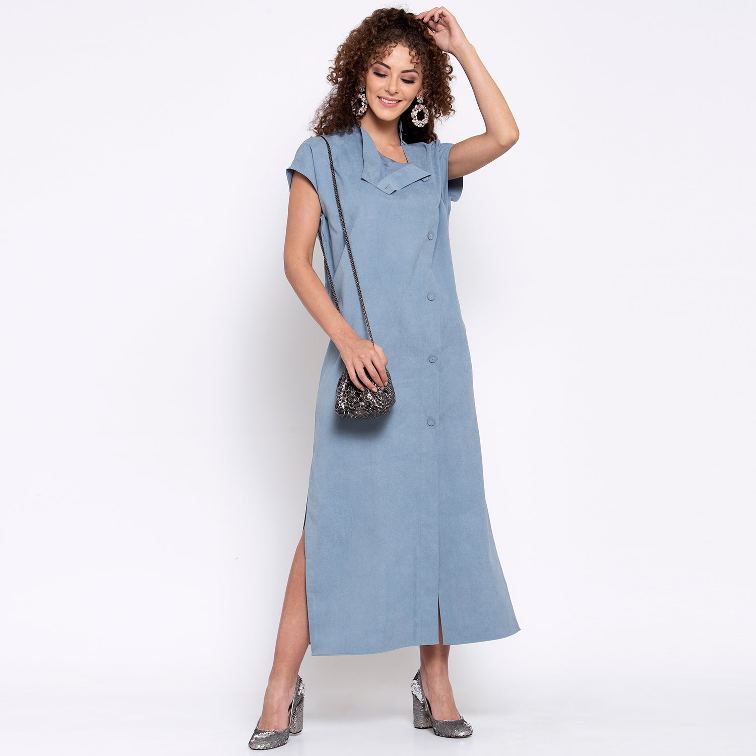Blue Long Dress With Buttons, Mesh Dress , Party dress , Holographic print dress , sequins dress