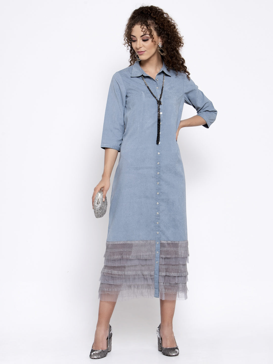 Blue Long Dress With Grey Frill At Bottom, mesh Dress , Party dress , Holographic print dress , sequins dress 