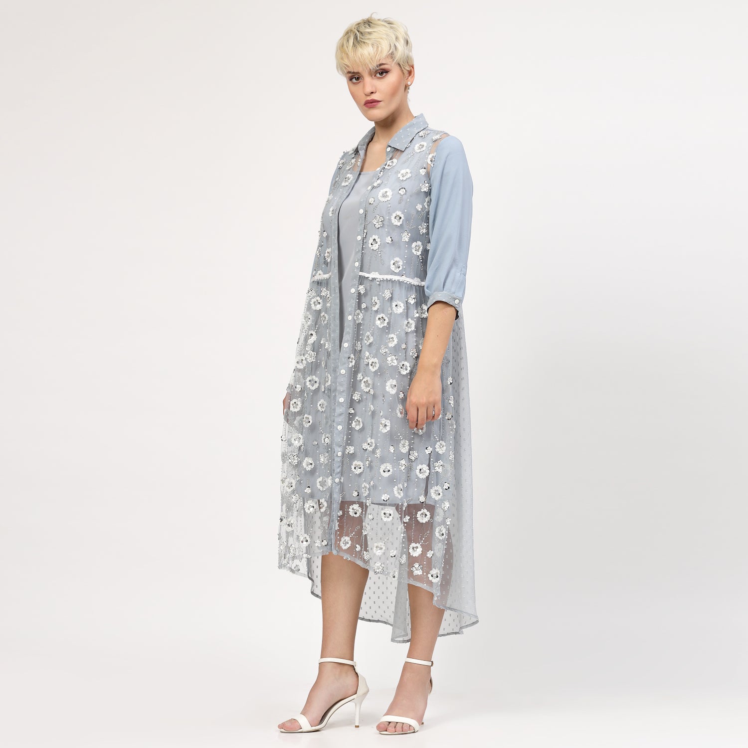 Blue Net Sequins Embroidery Tunic for Women-1