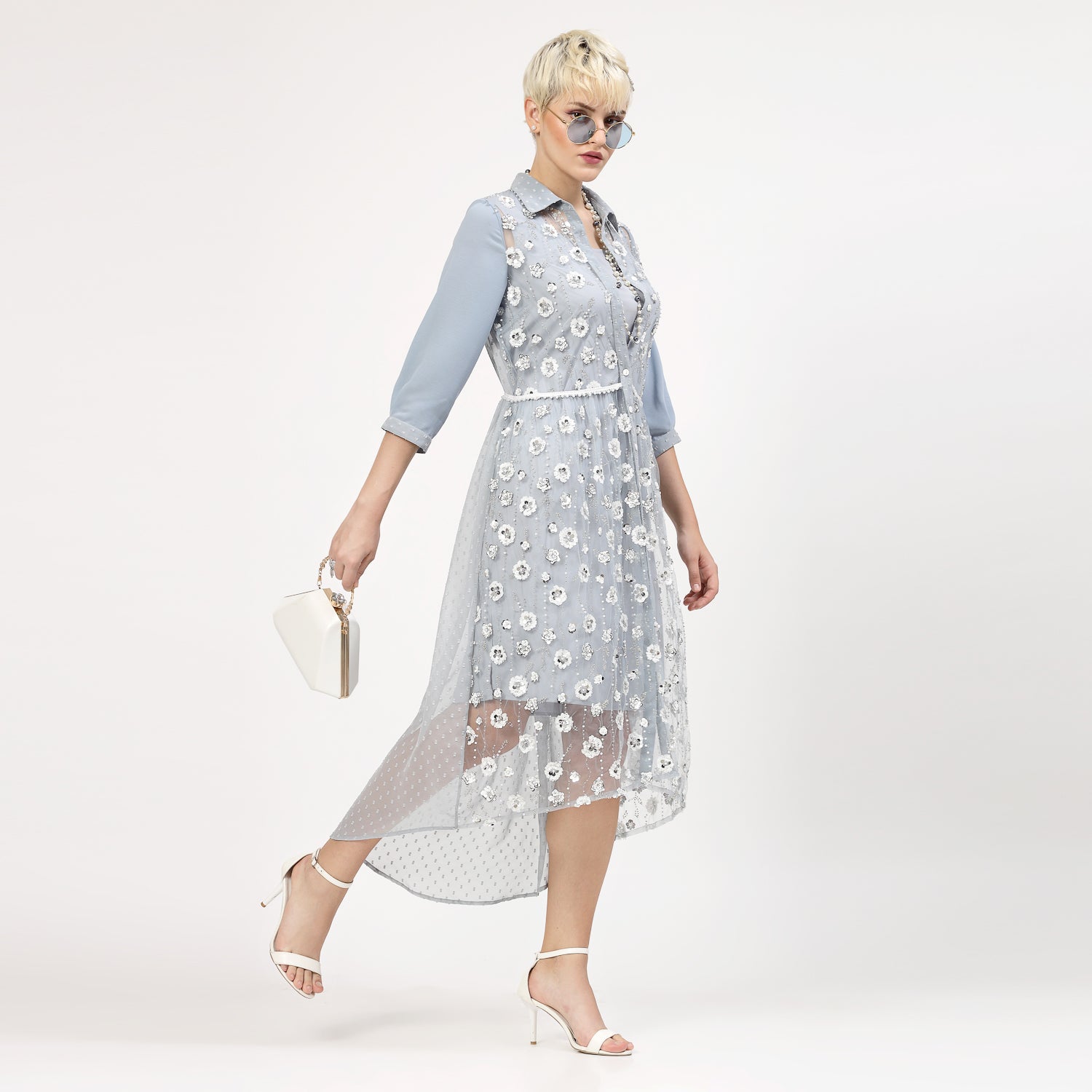 Blue Net Sequins Embroidery Tunic for Women