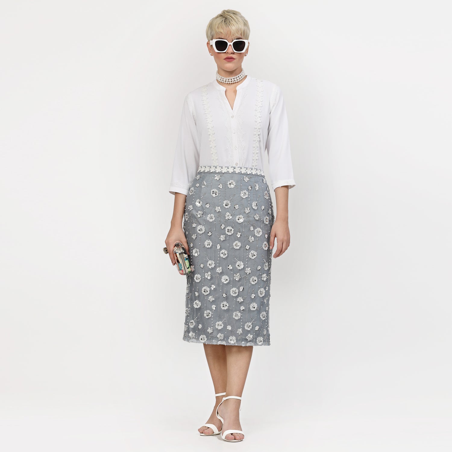 Buy Blue Net Sequins Skirt for Women -6