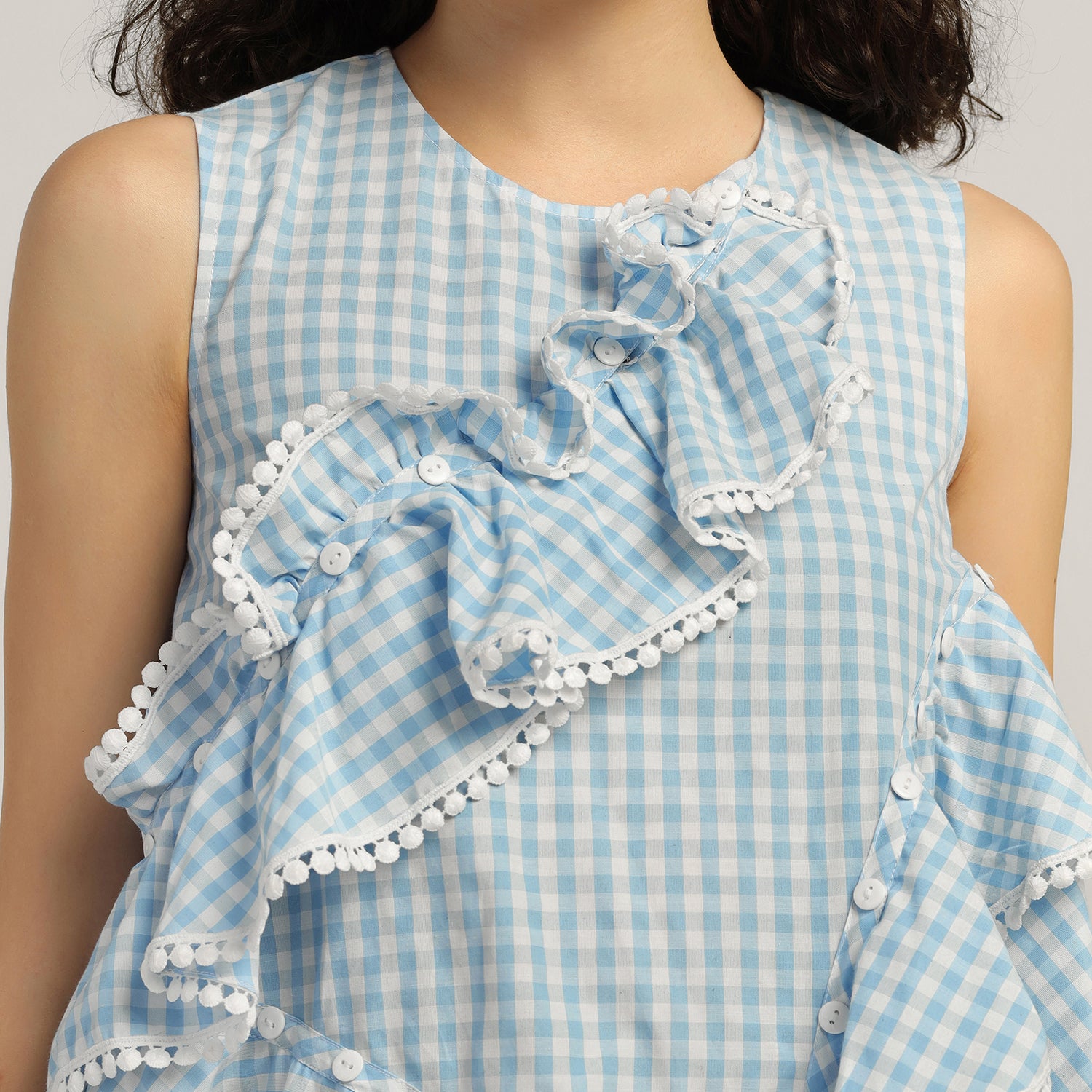 Blue Ruffle Asymmetrical Check Top, tops for women, crop top, crop tops for women, organza tops