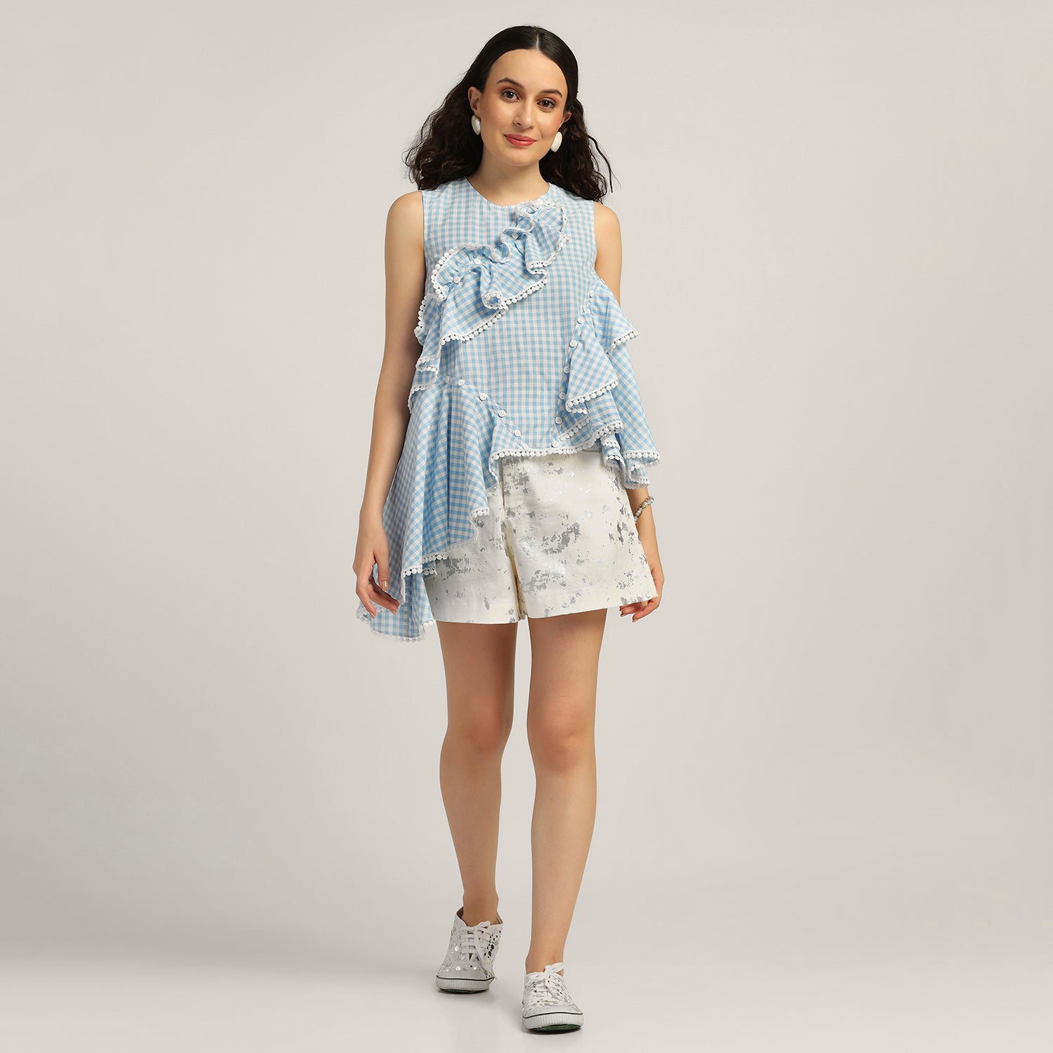 Blue Ruffle Asymmetrical Check Top, tops for women, crop top, crop tops for women, organza tops