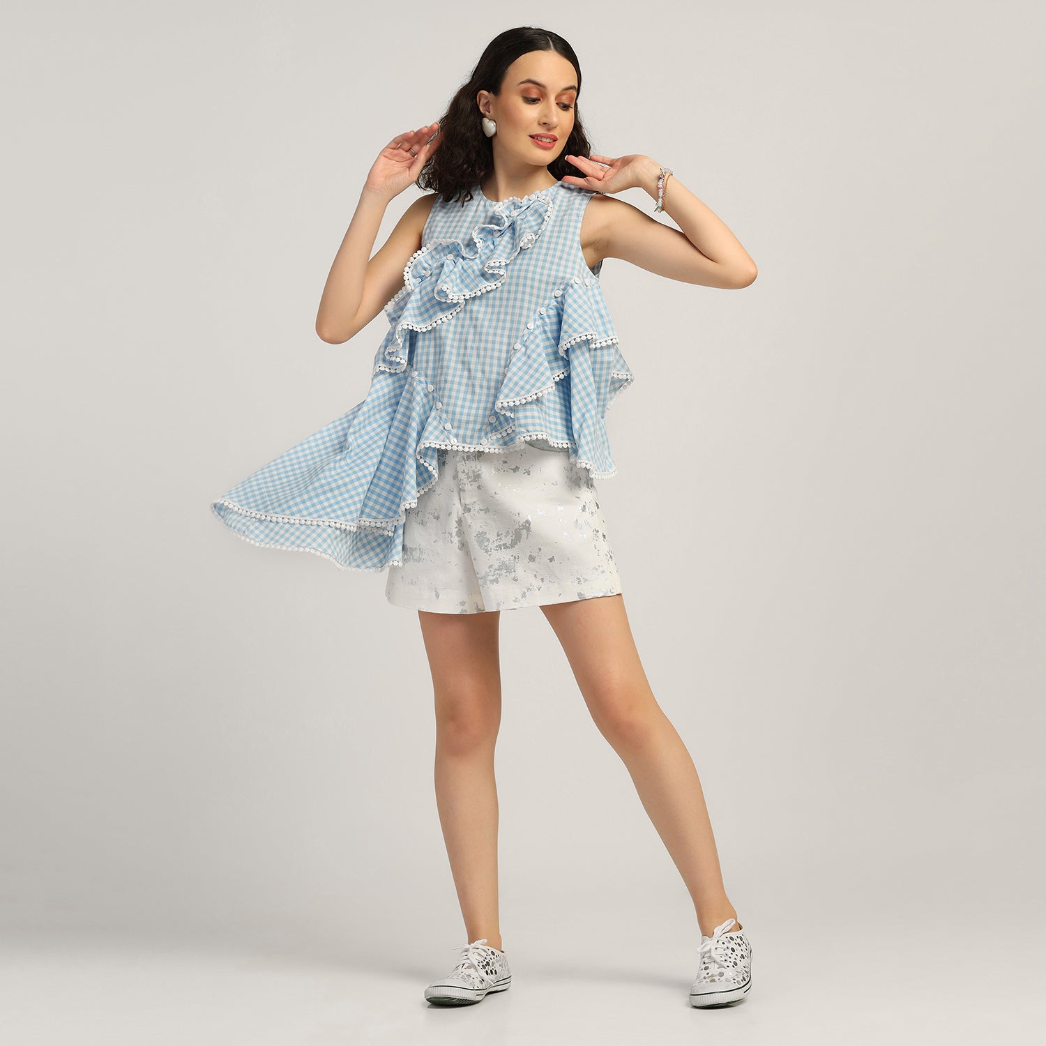 Blue Ruffle Asymmetrical Check Top, tops for women, crop top, crop tops for women, organza tops