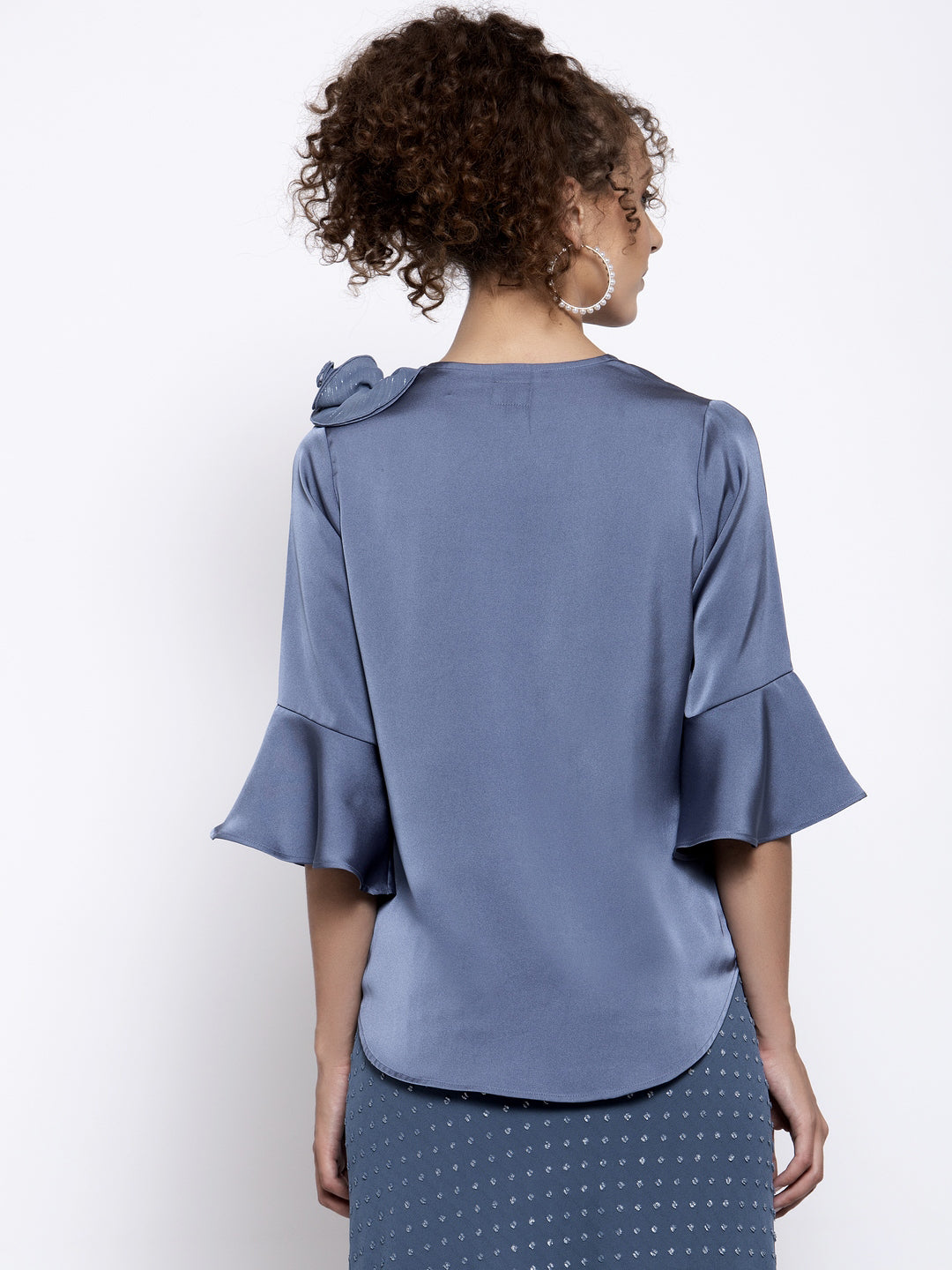 Blue Satin Top With Lurex Flower At Shoulder, tops for women, crop top, crop tops for women, organza tops