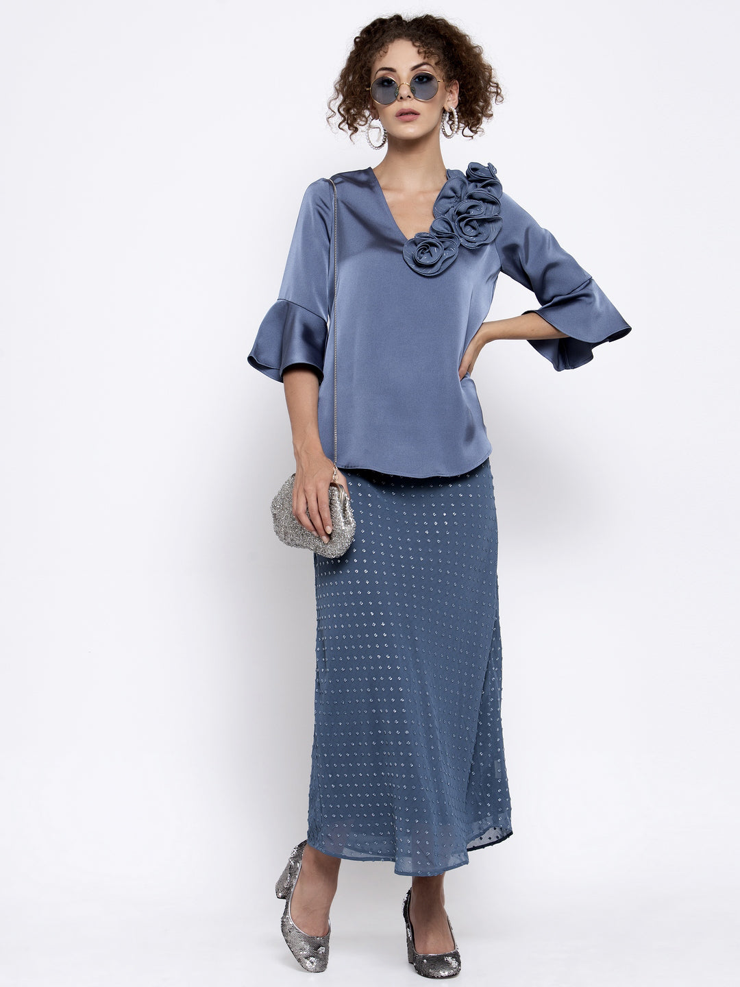 Blue Satin Top With Lurex Flower At Shoulder, tops for women, crop top, crop tops for women, organza tops