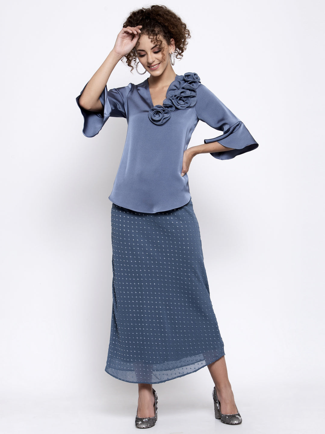 Blue Satin Top With Lurex Flower At Shoulder, tops for women, crop top, crop tops for women, organza tops