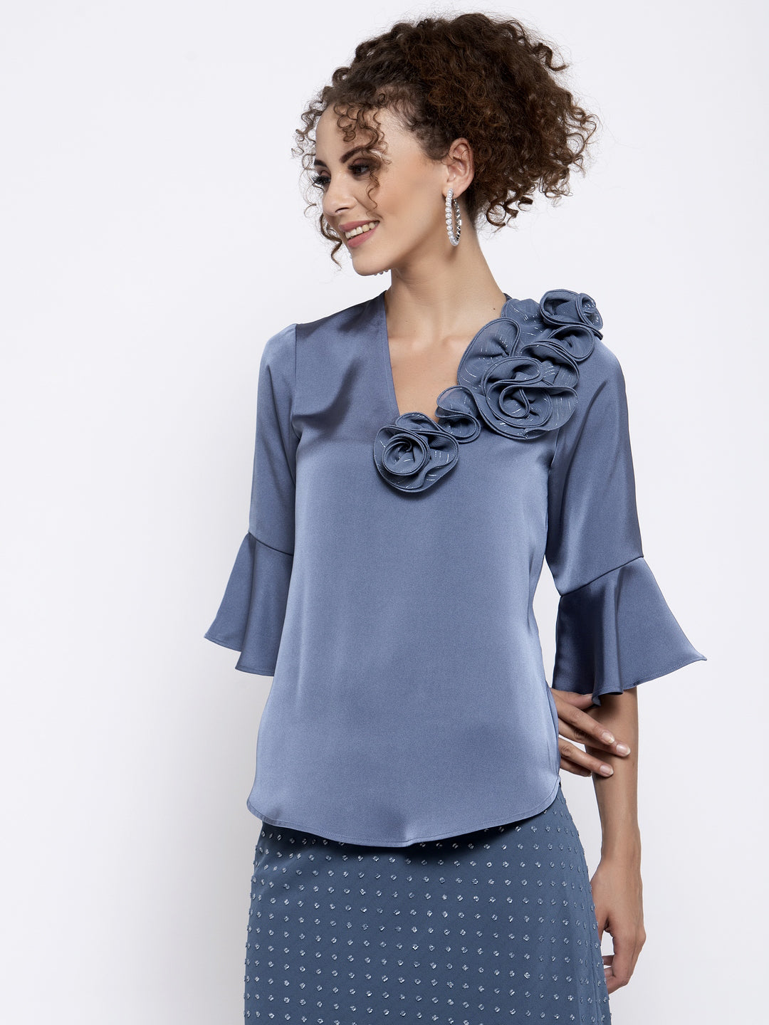 Blue Satin Top With Lurex Flower At Shoulder, tops for women, crop top, crop tops for women, organza tops