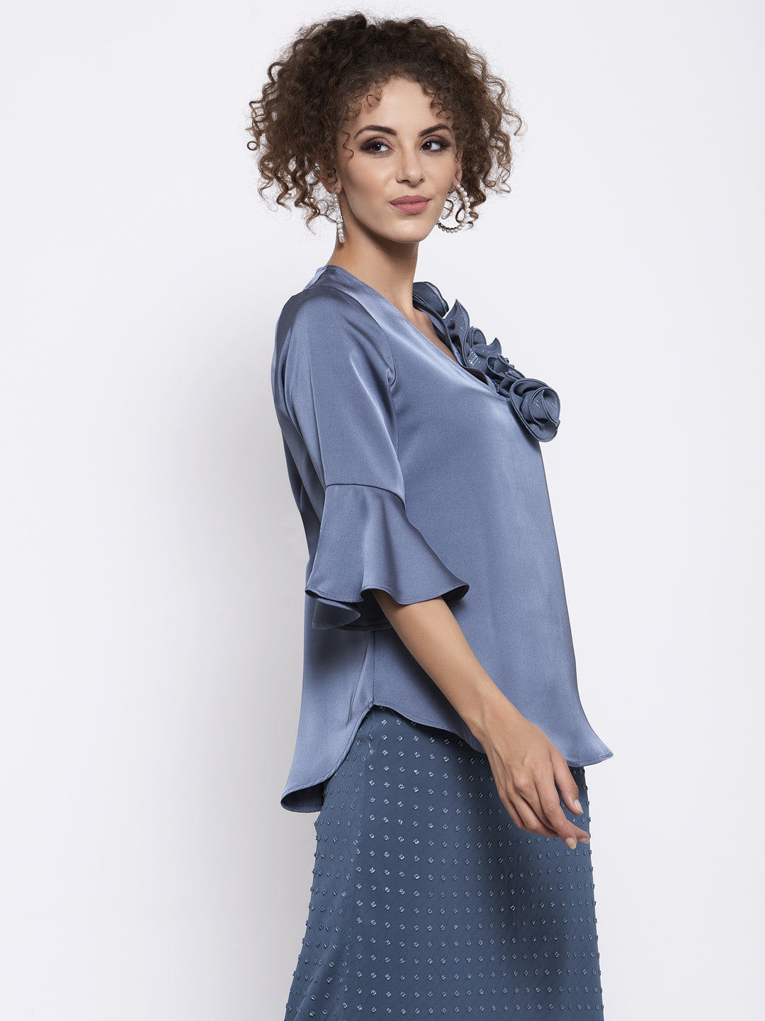 Blue Satin Top With Lurex Flower At Shoulder, tops for women, crop top, crop tops for women, organza tops