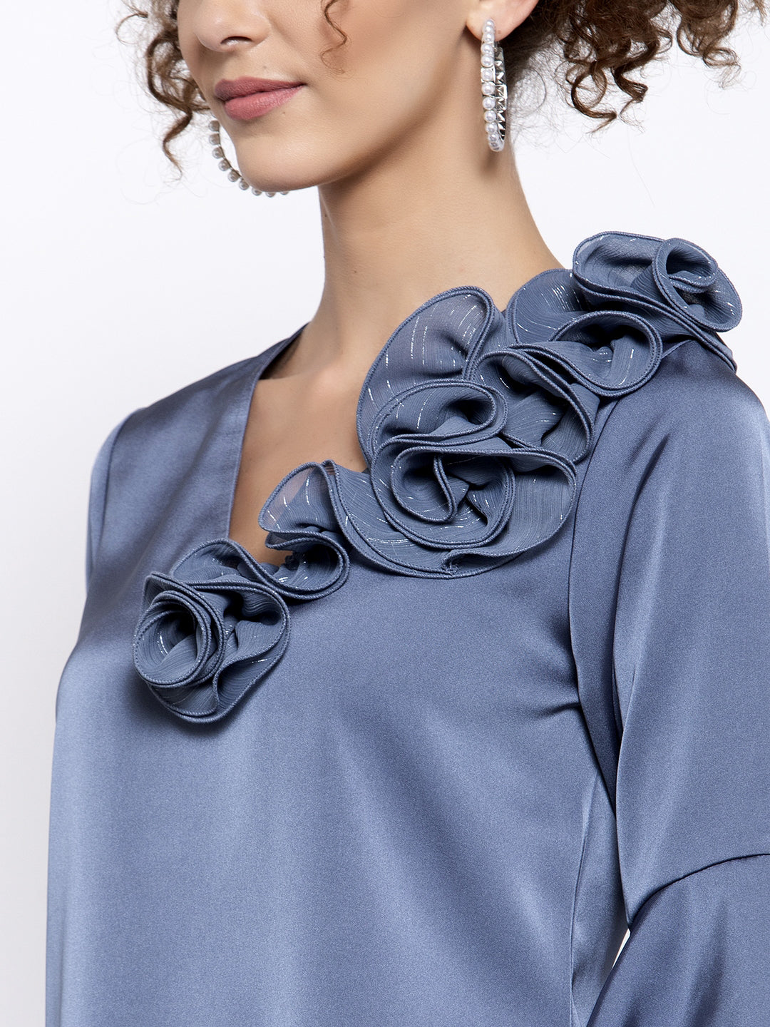 Blue Satin Top With Lurex Flower At Shoulder, tops for women, crop top, crop tops for women, organza tops