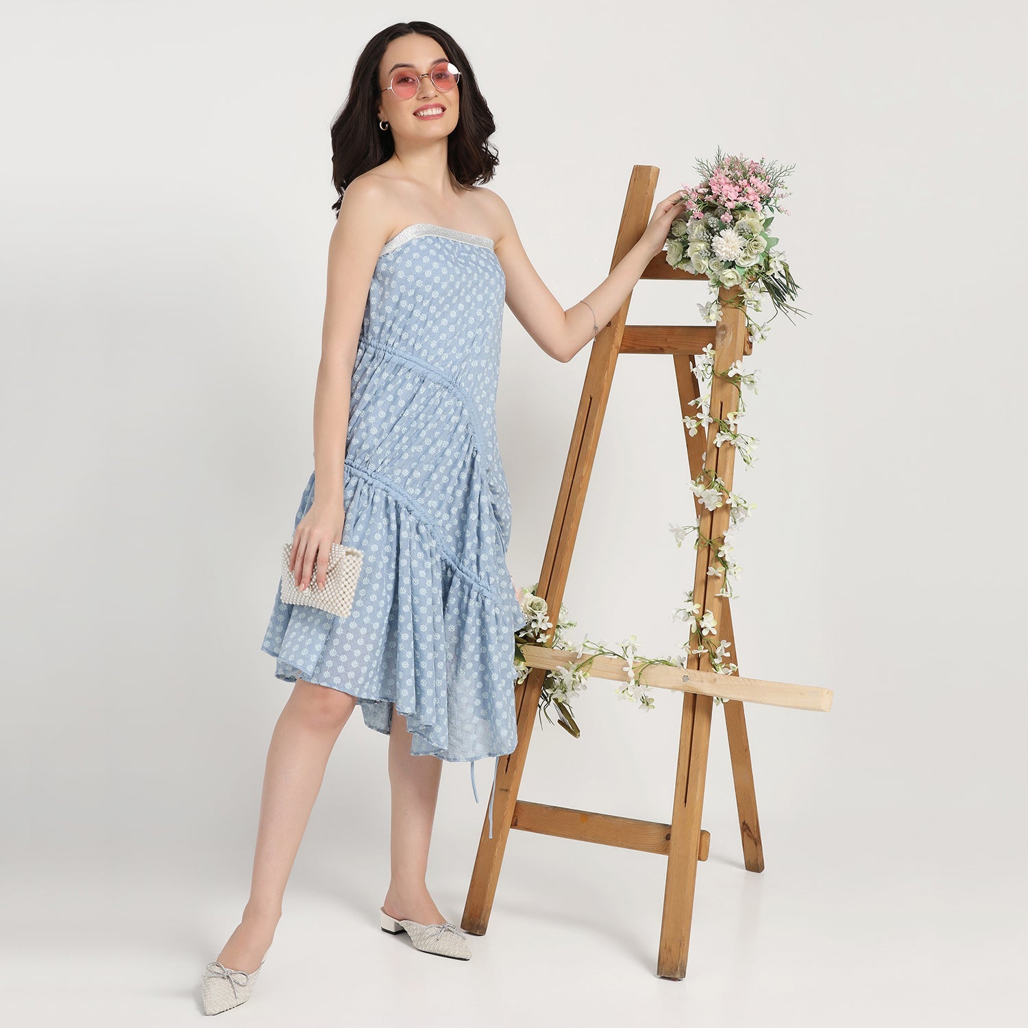 Blue Schiffli Off-Shoulder Knot Dress for Women