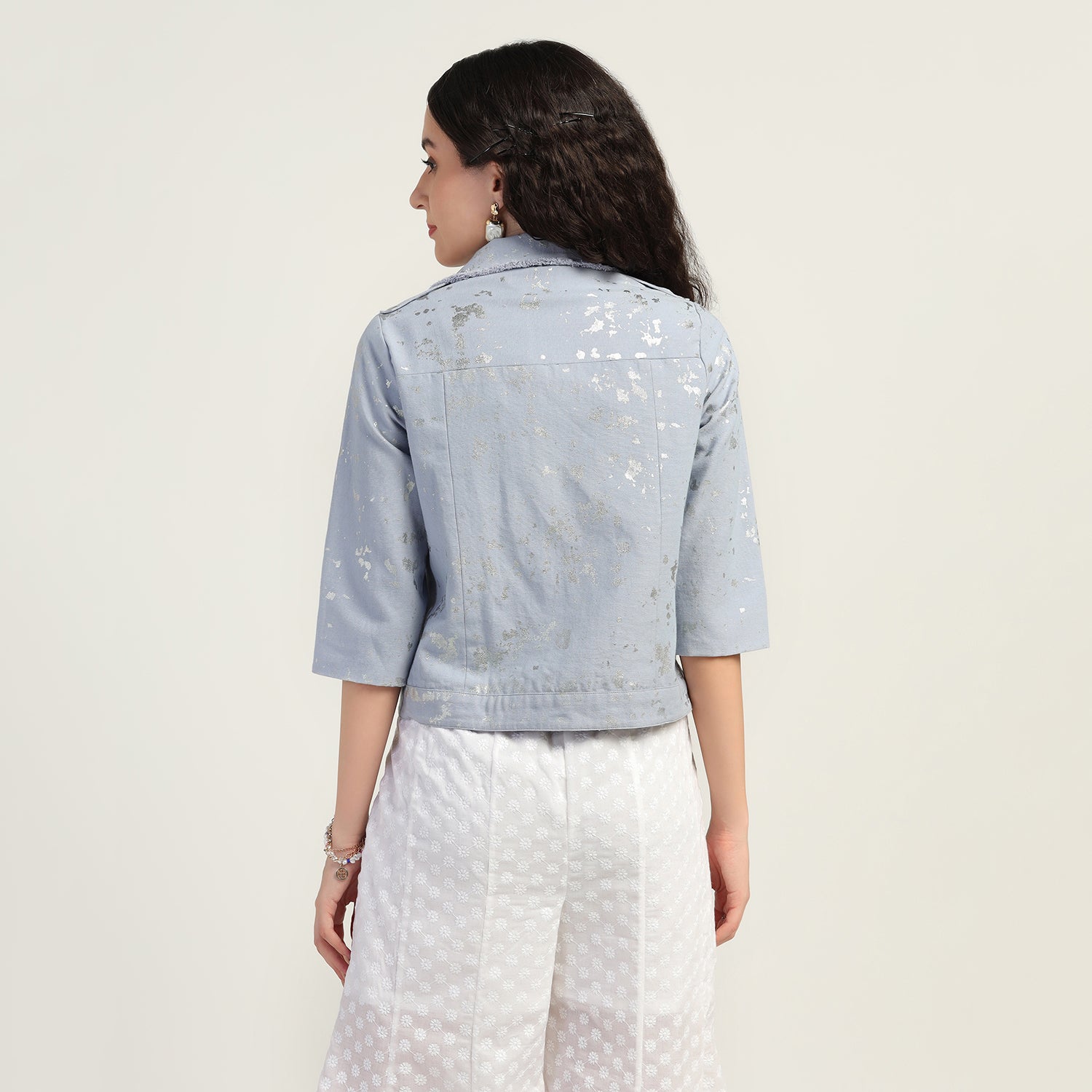 Blue Short Canvas Jacket With Foil, Organza jackets, Stylish Jackets, Summer Women’s Jackets, Long Women Jackets , Short jackets for women