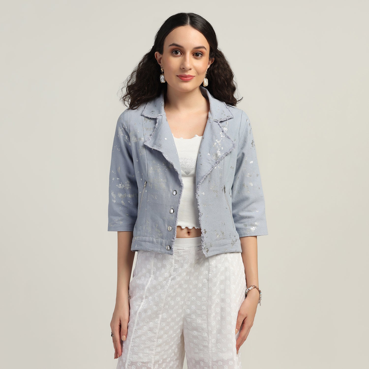 Blue Short Canvas Jacket With Foil, Organza jackets, Stylish Jackets, Summer Women’s Jackets, Long Women Jackets , Short jackets for women