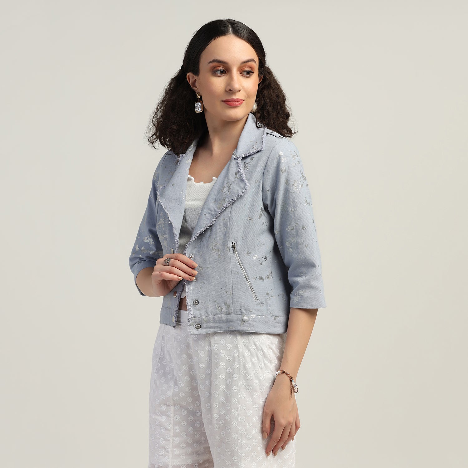 Blue Short Canvas Jacket With Foil, Organza jackets, Stylish Jackets, Summer Women’s Jackets, Long Women Jackets , Short jackets for women