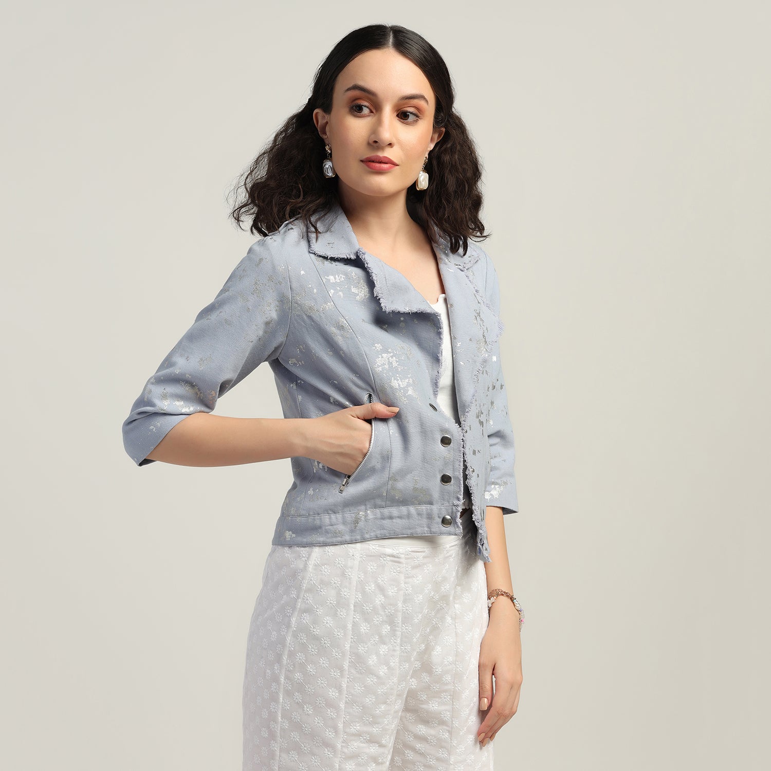 Blue Short Canvas Jacket With Foil, Organza jackets, Stylish Jackets, Summer Women’s Jackets, Long Women Jackets , Short jackets for women