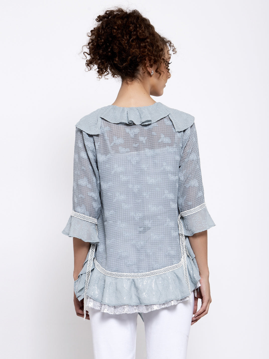 Blue Texture Georgette Frill Shrug With Lace, tops for women, crop top, crop tops for women, organza tops