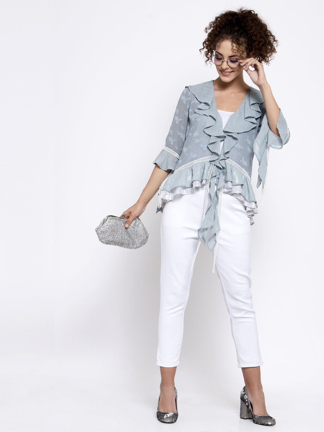 Blue Texture Georgette Frill Shrug With Lace, tops for women, crop top, crop tops for women, organza tops