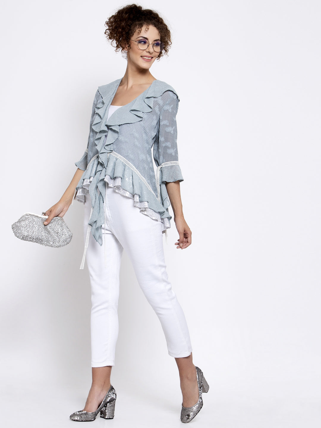 Blue Texture Georgette Frill Shrug With Lace, tops for women, crop top, crop tops for women, organza tops