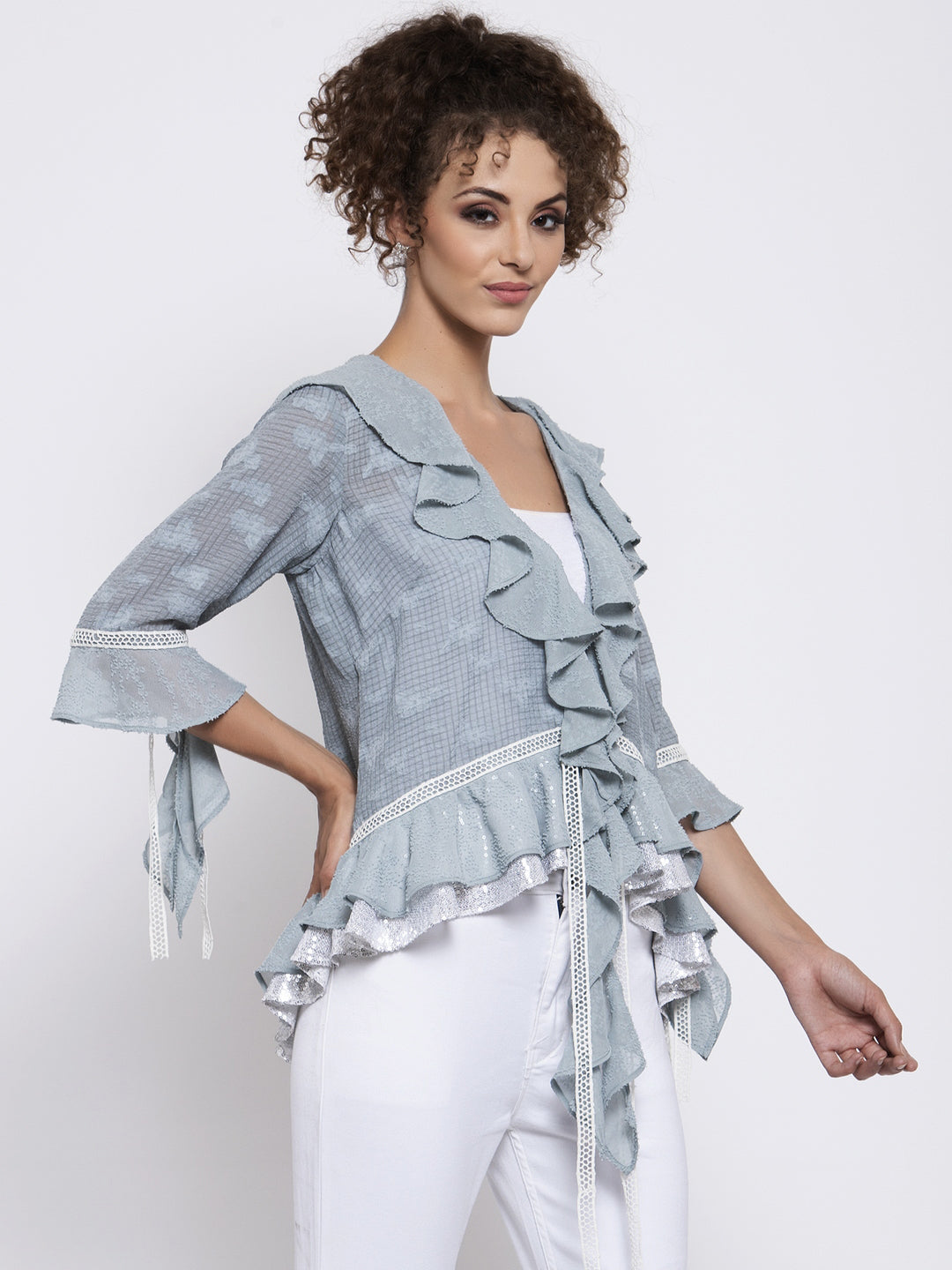 Blue Texture Georgette Frill Shrug With Lace, tops for women, crop top, crop tops for women, organza tops