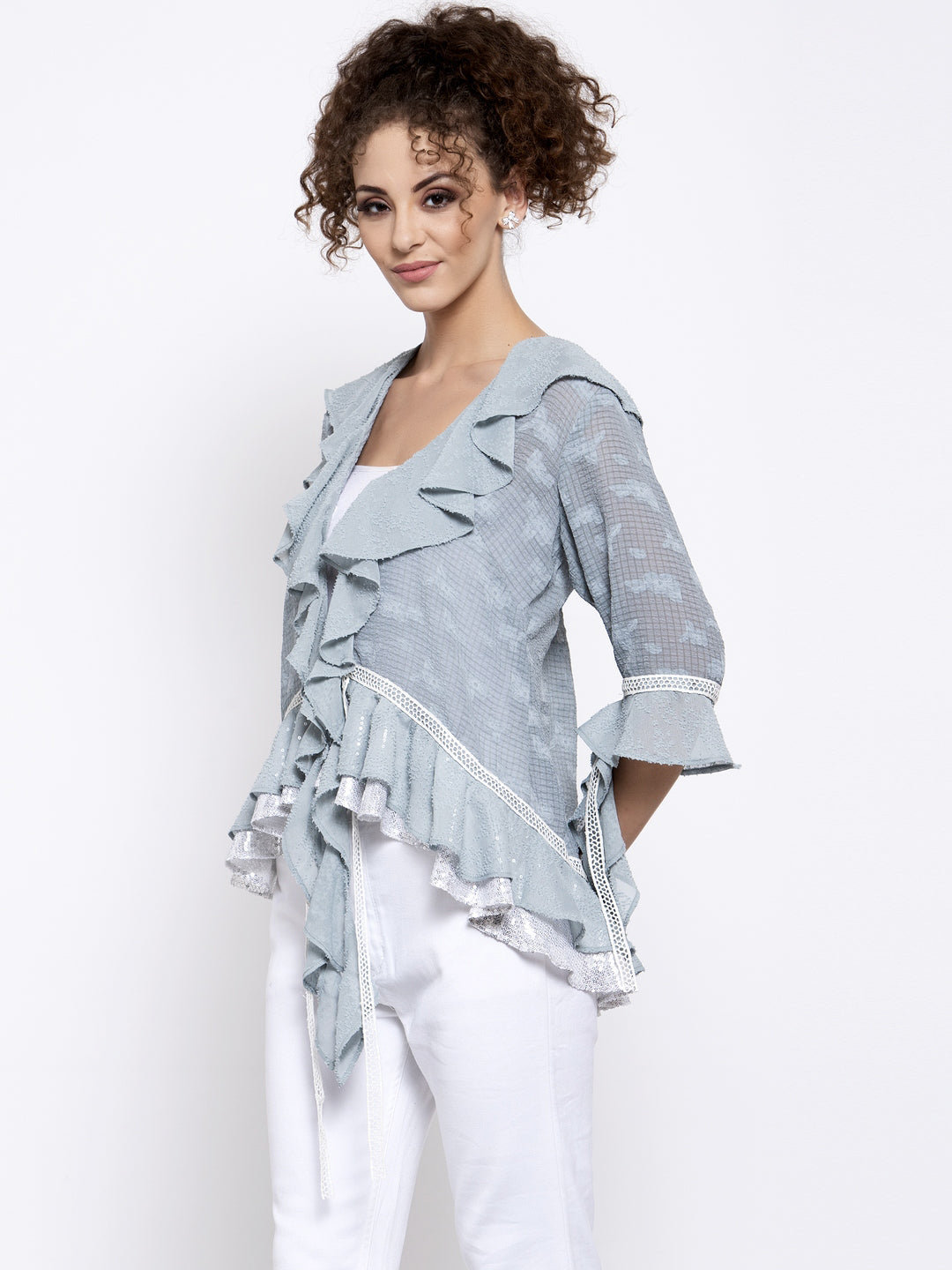Blue Texture Georgette Frill Shrug With Lace, tops for women, crop top, crop tops for women, organza tops