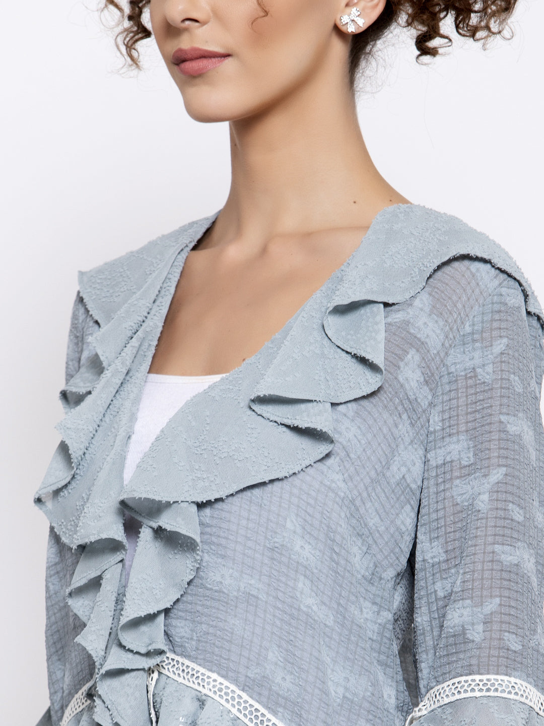 Blue Texture Georgette Frill Shrug With Lace, tops for women, crop top, crop tops for women, organza tops