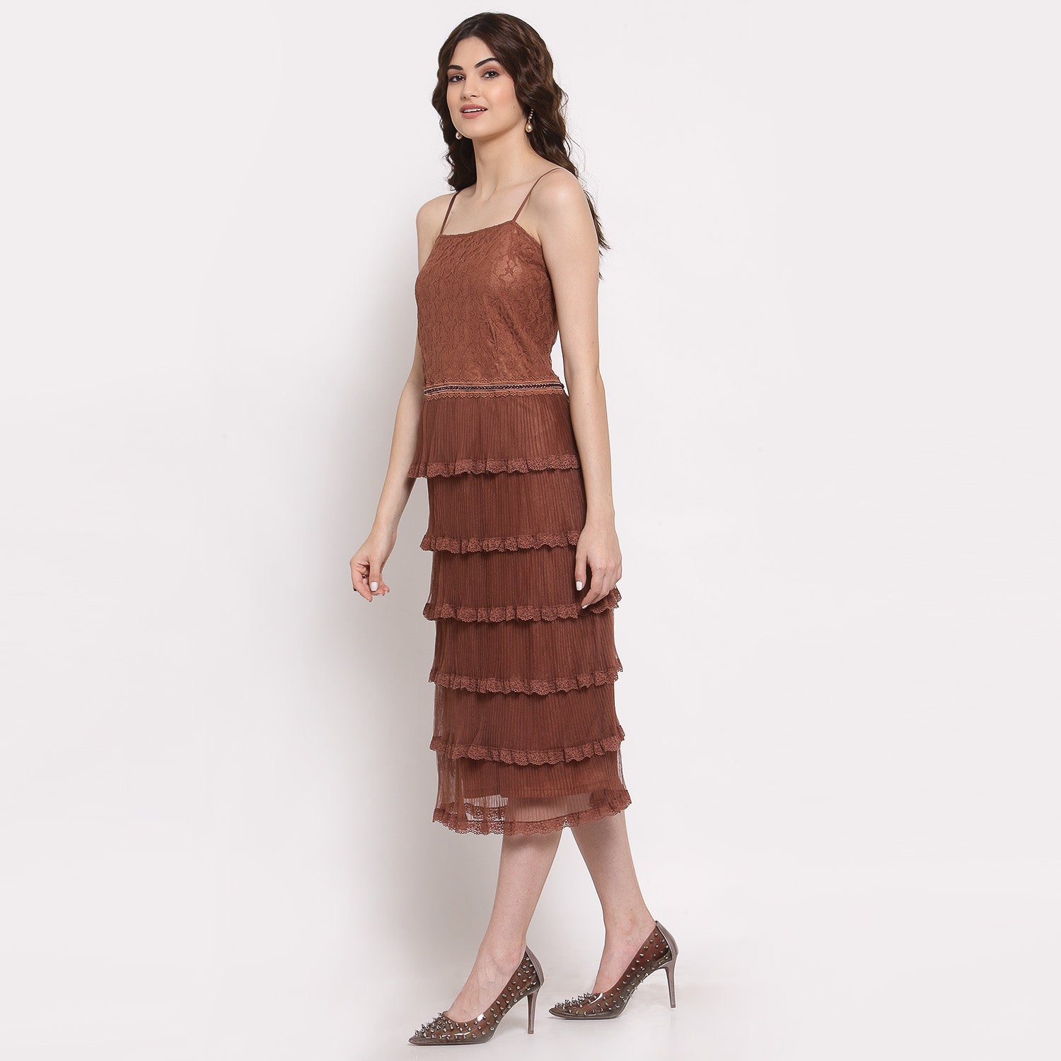 Buy Brown Net Frill Dresses for Women -2